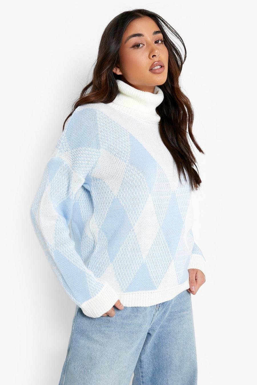 Blue Turtleneck Diamond Flannel Sweater image number 1