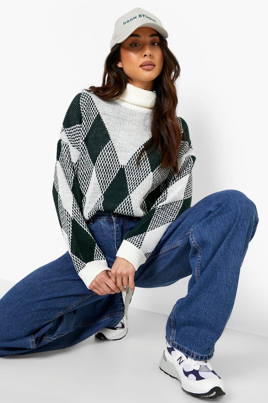 Green Roll Neck Diamond Check Jumper  image number 1