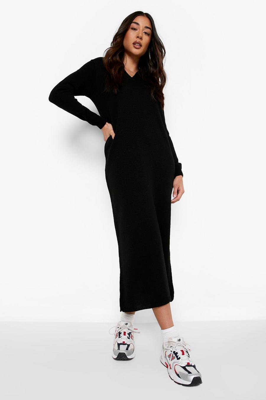 Black Polo Collar Knitted Midi Dress image number 1