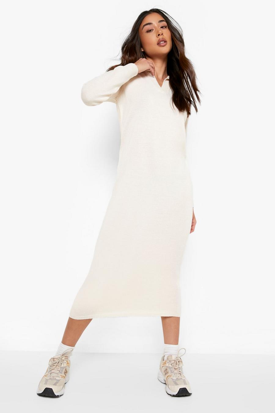 Ecru white Polo Collar Knitted Midi Dress