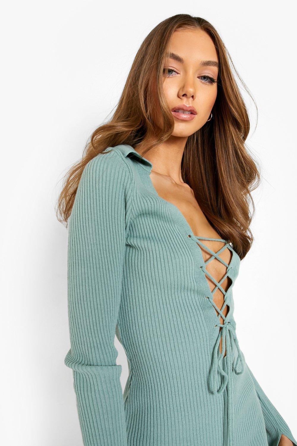 Rib Knitted Lace Up Collared Mini Dress | boohoo