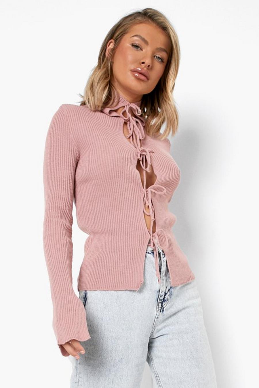 Mauve Rib Knitted Tie Front High Neck Jumper image number 1