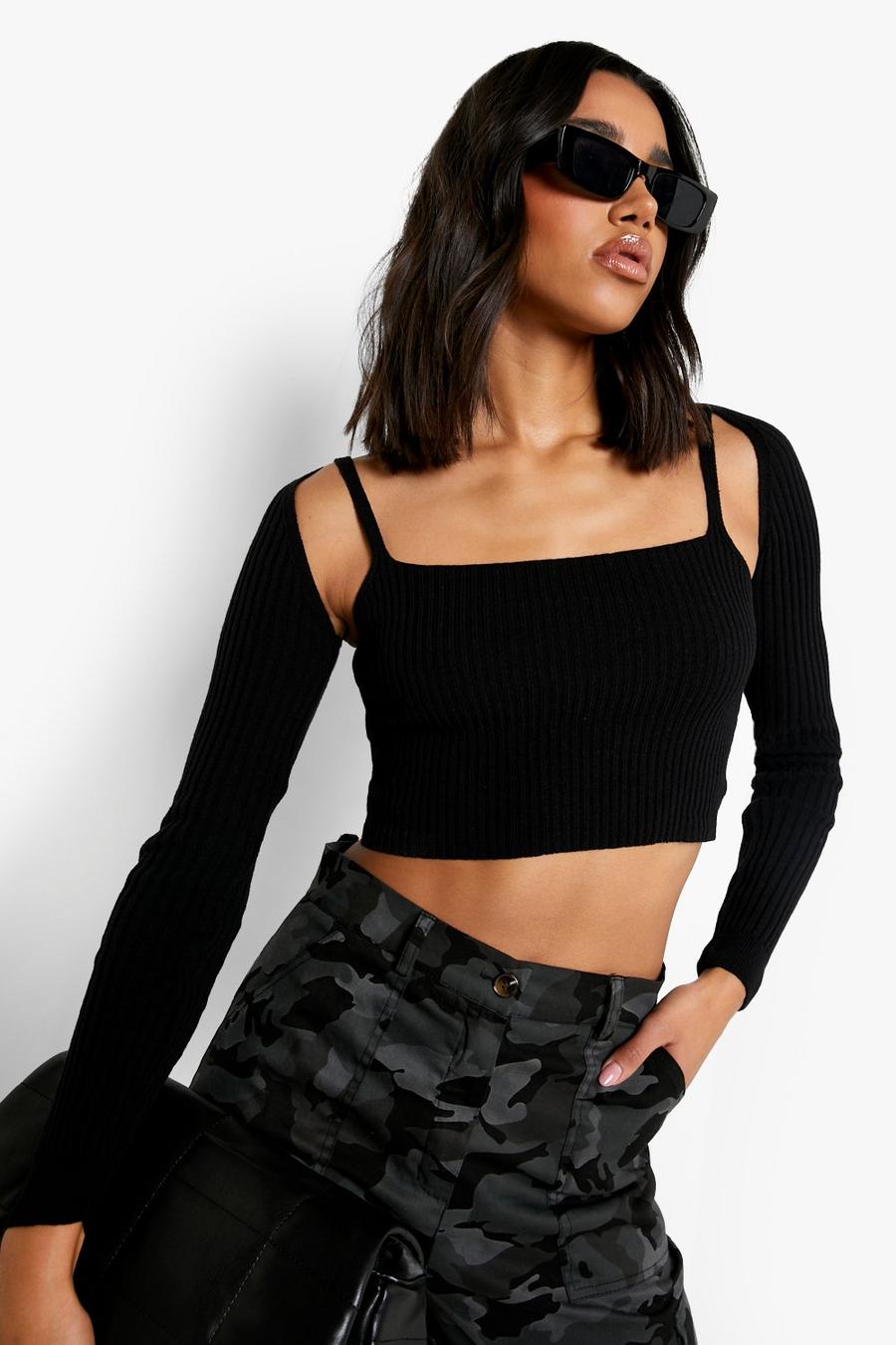 Black Rib Knitted Crop Top With Arm Warmers  image number 1