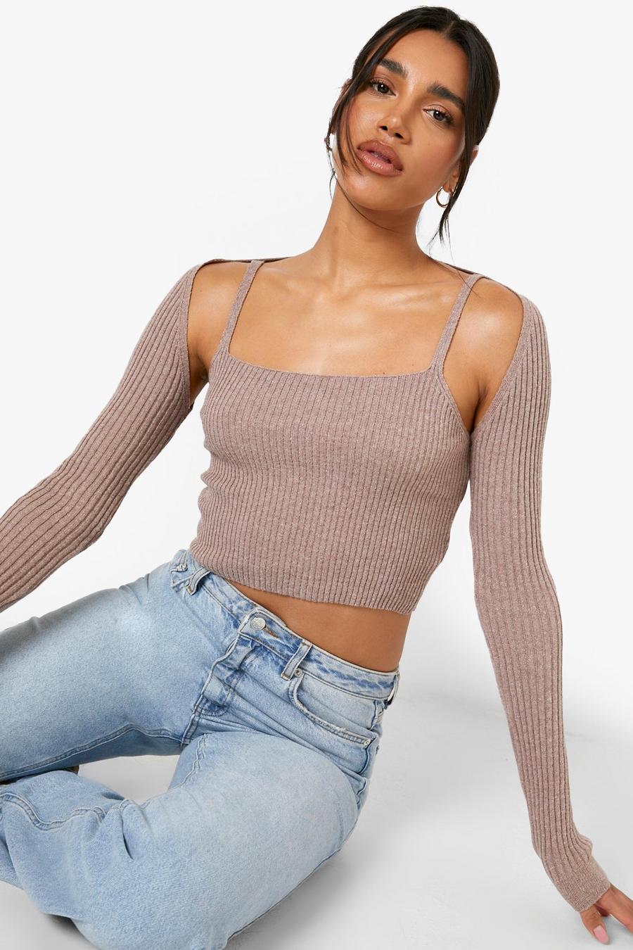 Taupe Rib Knitted Crop Top With Arm Warmers  image number 1