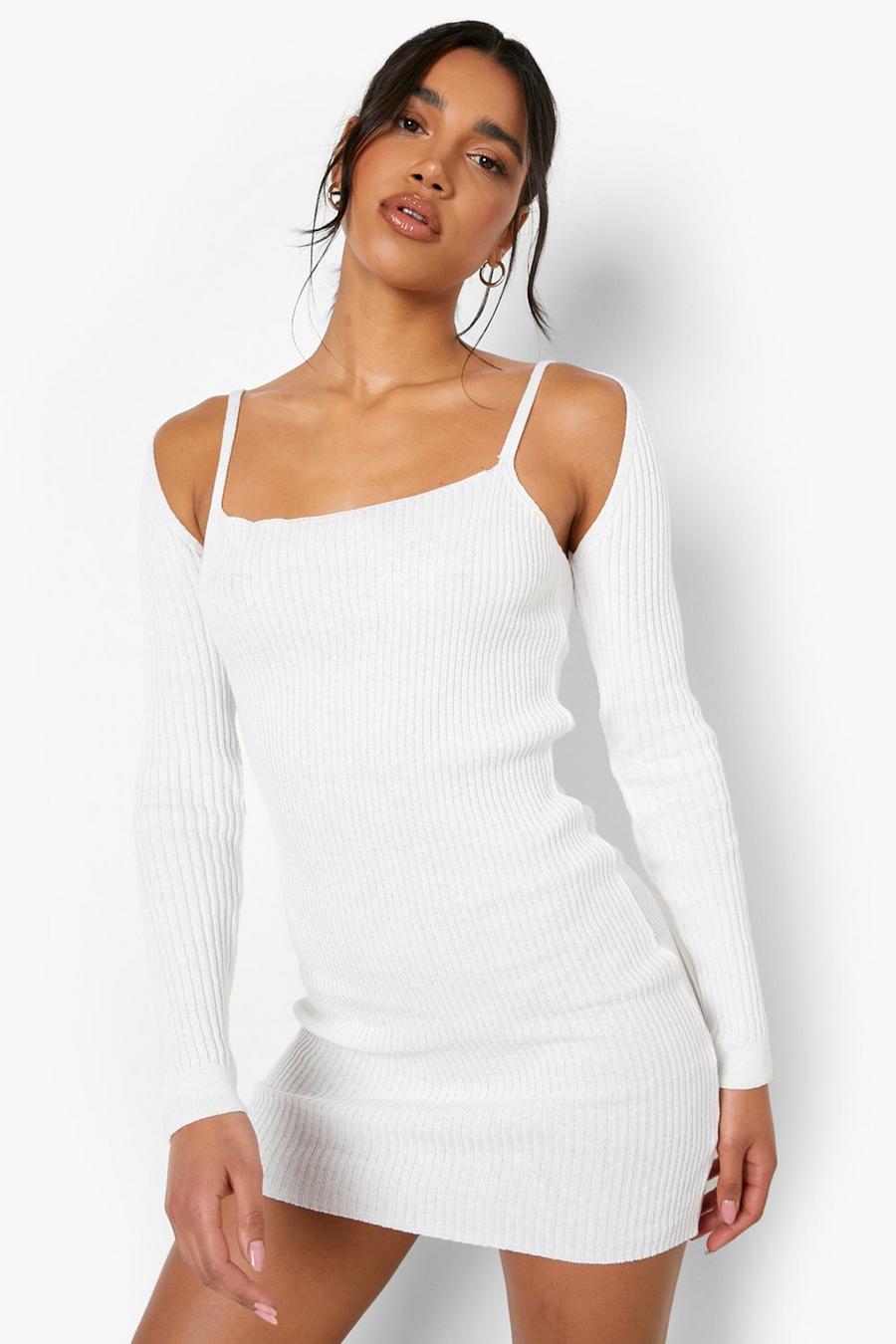 Ecru white Knitted Mini Dress With Arm Warmers 