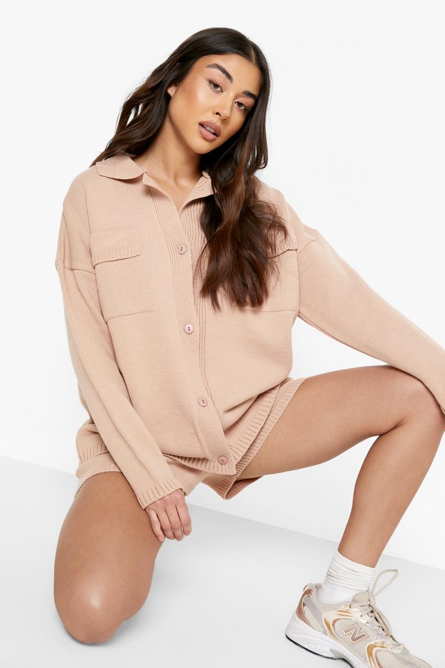Nude Shacket And Shorts Knitted Set  image number 1