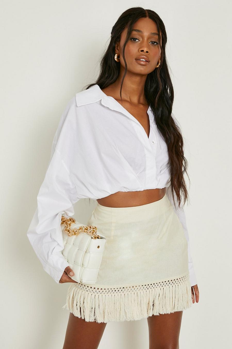 Stone beige Tassel Hem Linen Look Mini Skirt