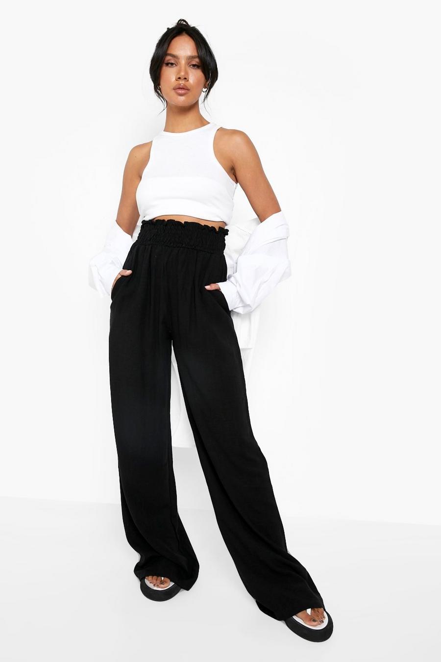 Black Linen Look Shirred Waist Wide Leg Trousers image number 1