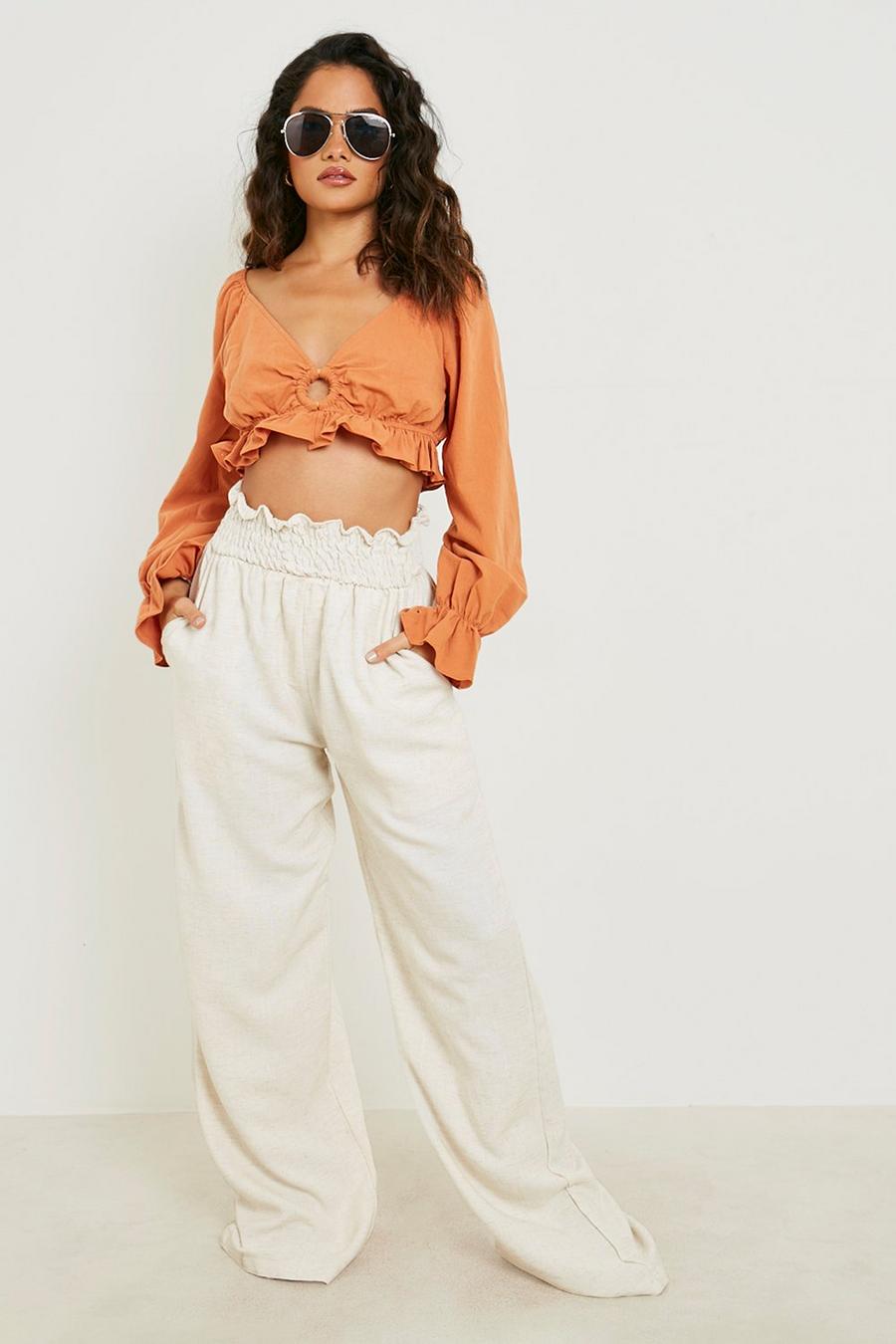 Stone Linen Look Shirred Waist Wide Leg Pants image number 1