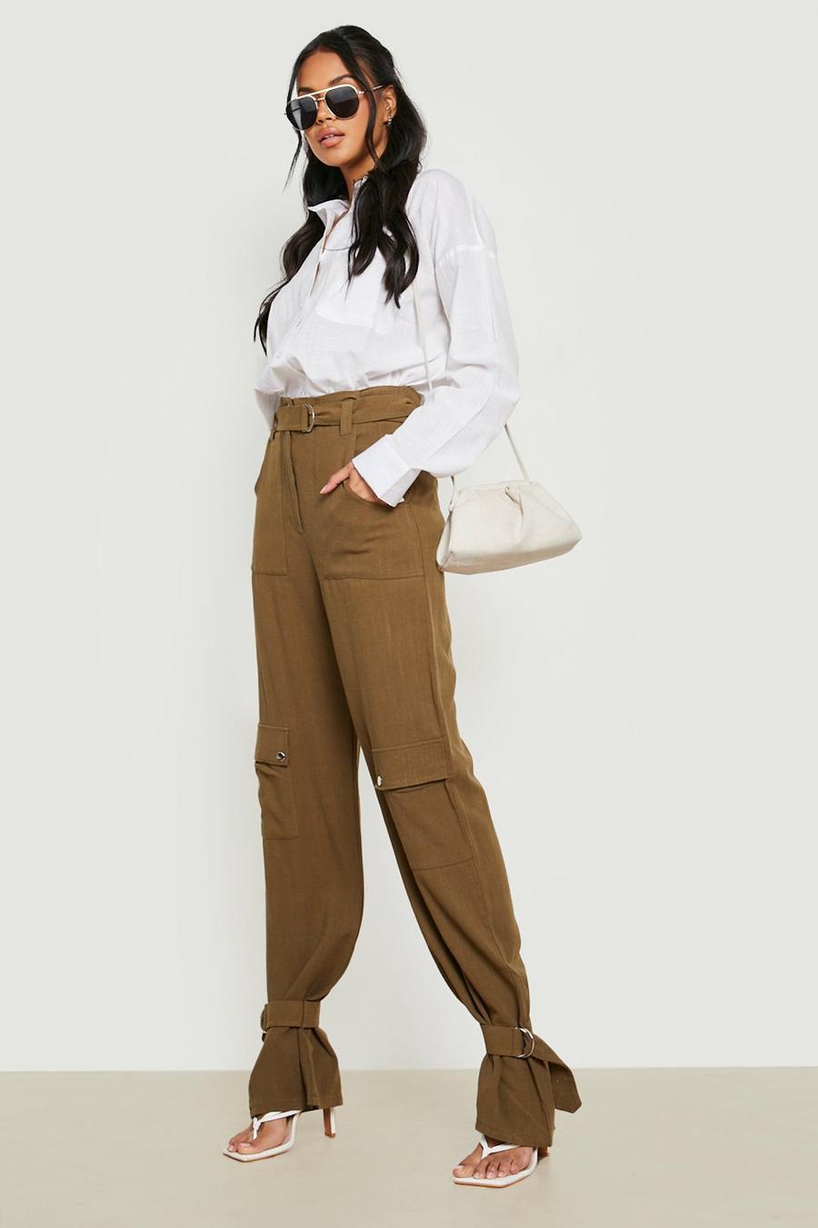 Khaki Linen Look Belted Pocket Detail Trousers image number 1