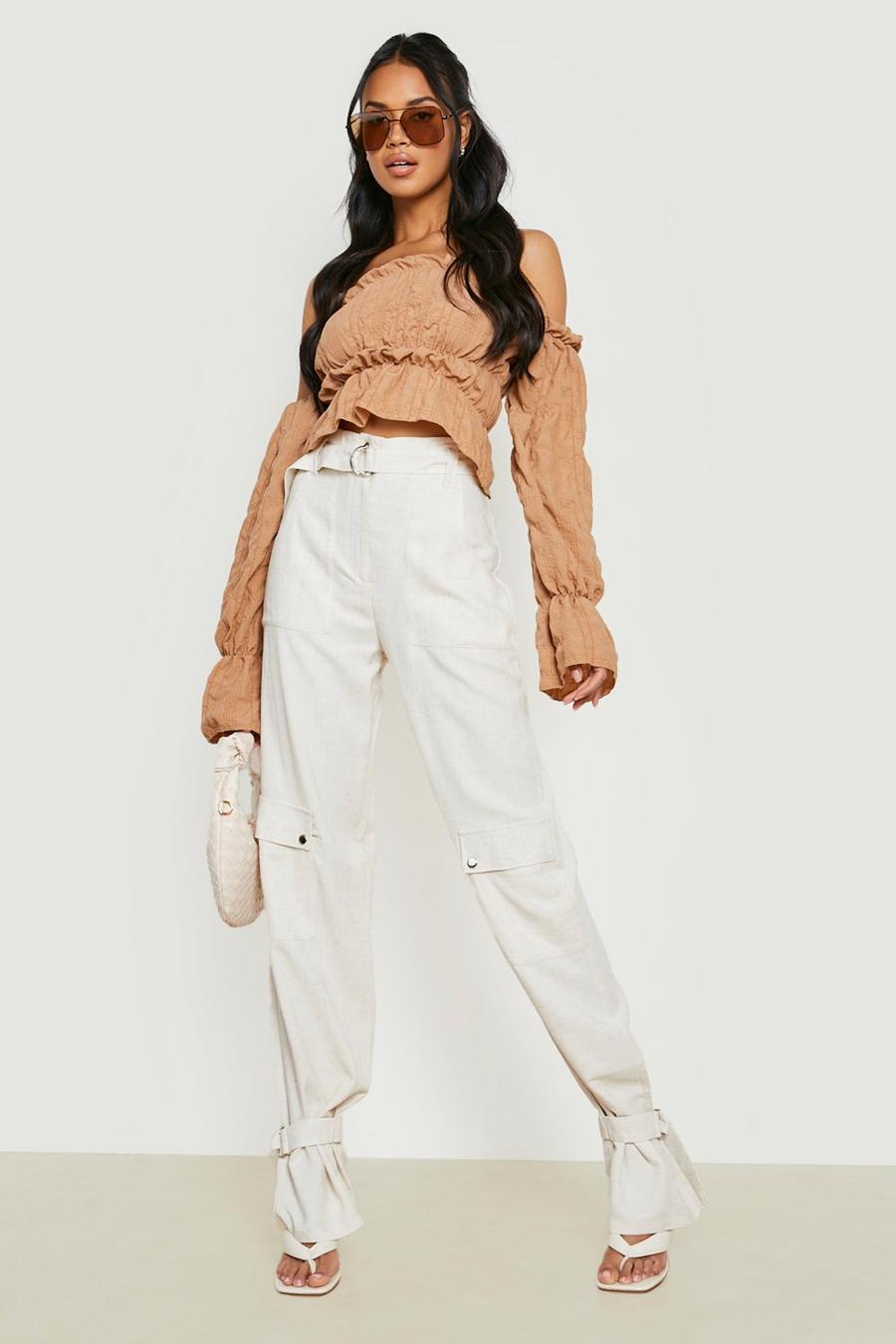 Stone Linen Look Belted Pocket Detail Trousers image number 1