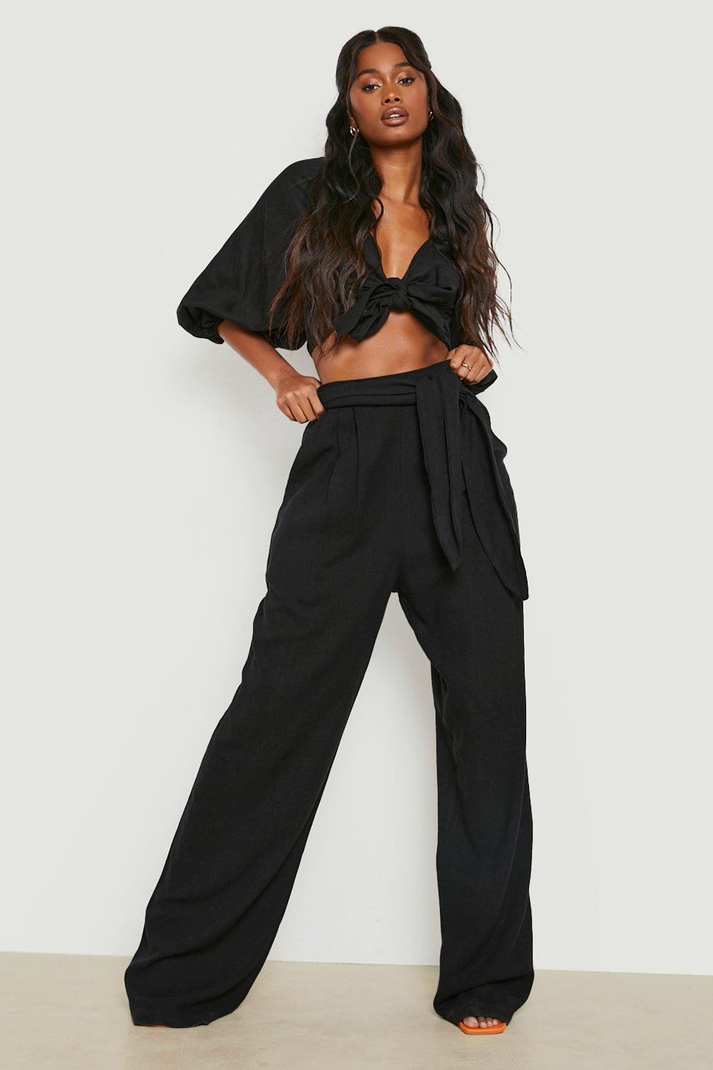 Black tie waist shop wide leg trousers