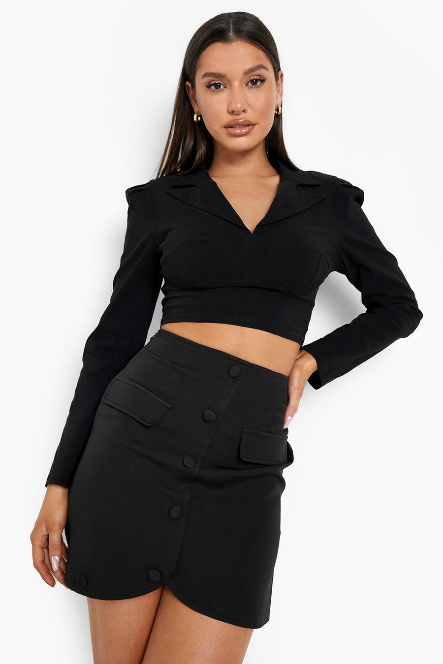 Black Button Detail Curved Hem Tailored Mini Skirt