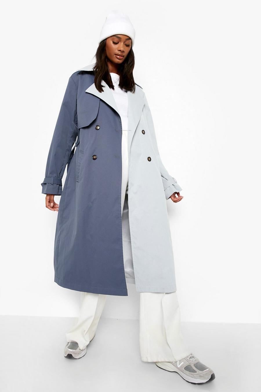 Blue Colour Block Belted Trench Coat image number 1