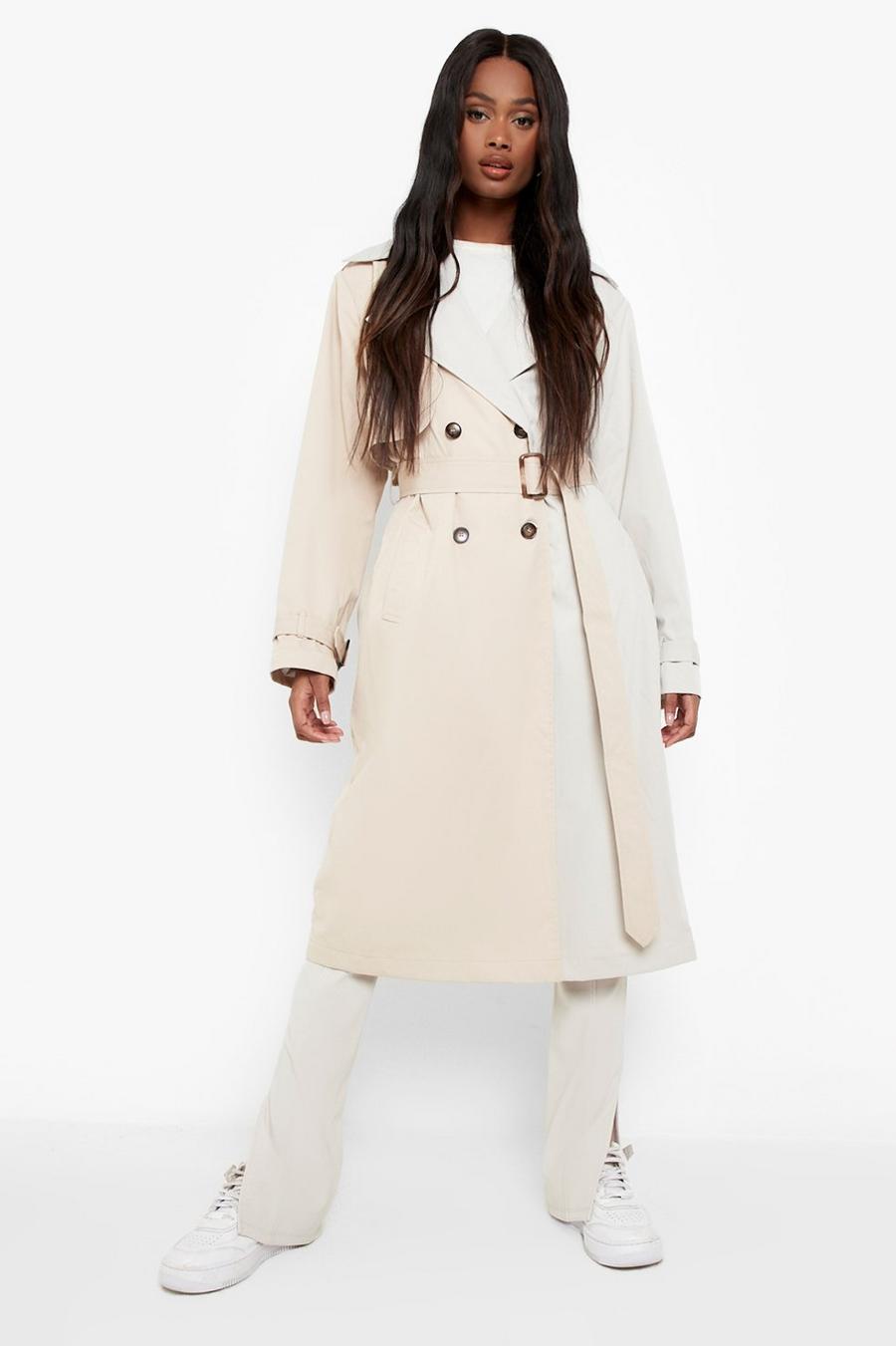 Stone beige Colorblock Belted Trench Coat