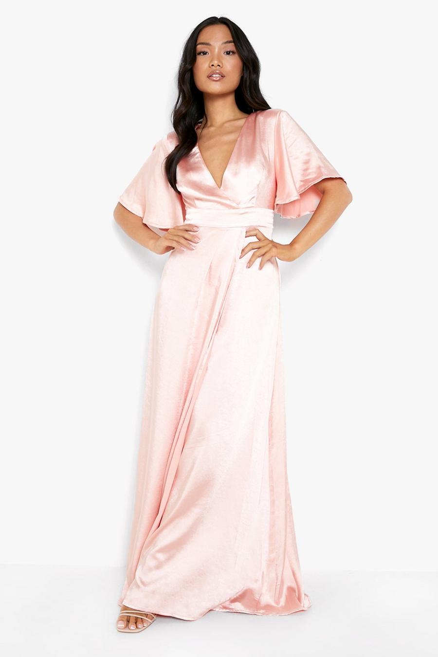 Blush Petite Satin Wrap Angel Sleeve Maxi Dress image number 1