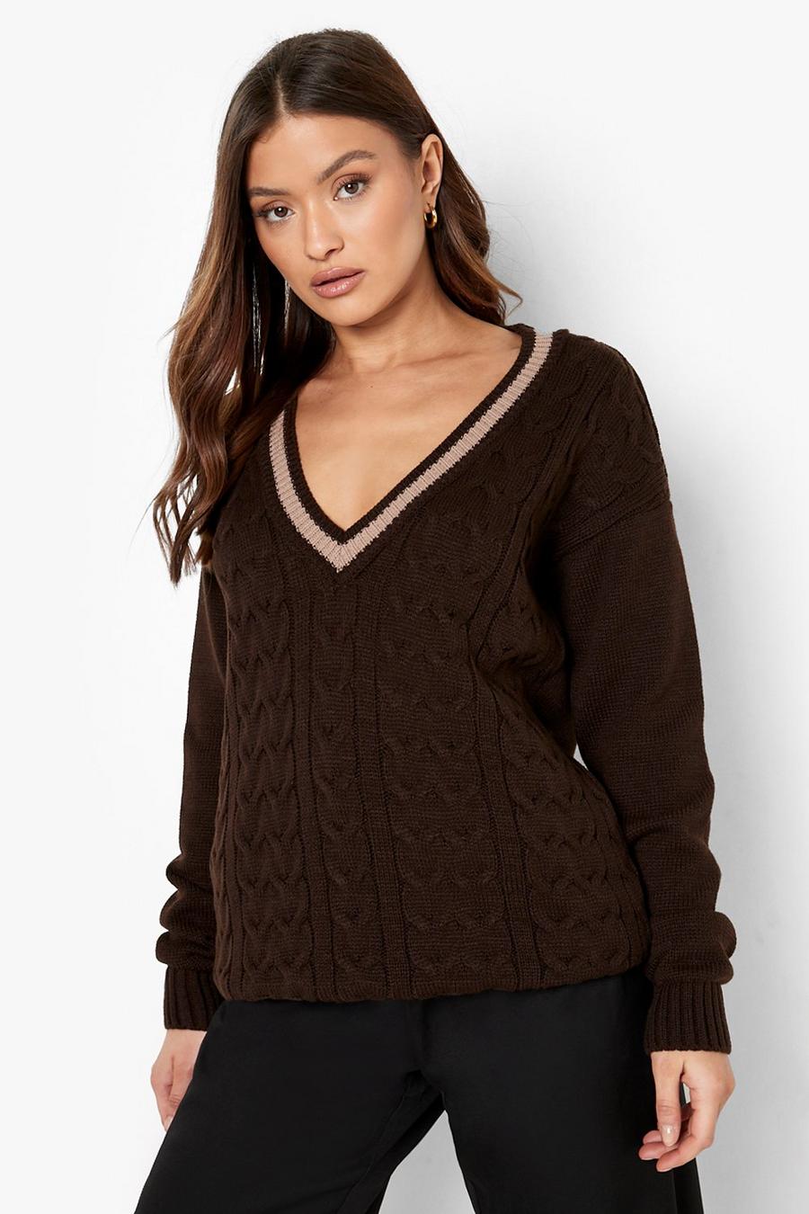 Chocolate brown Oversized Varsity Cable Knit Sweater