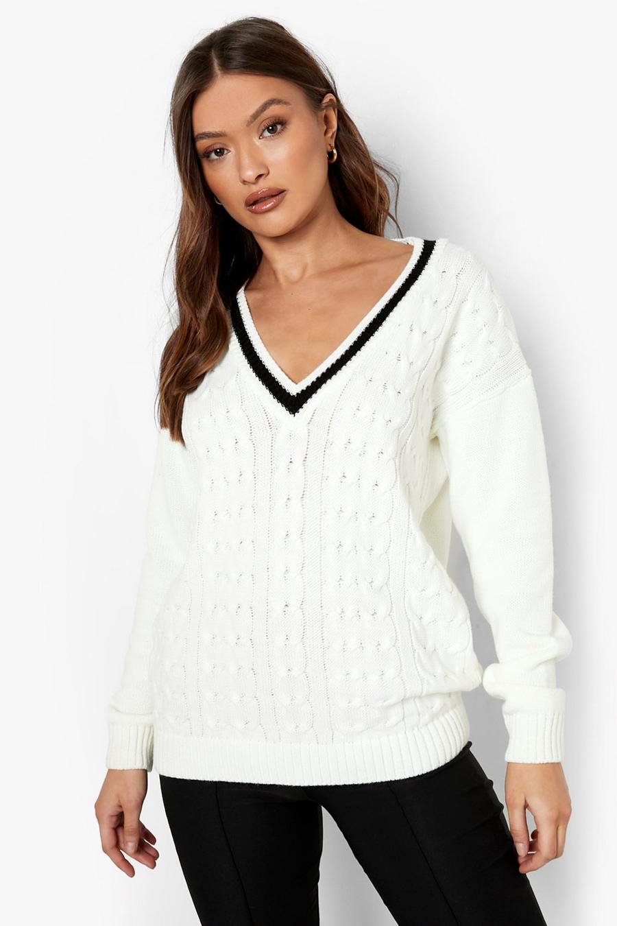 Cream white Oversized Varsity Cable Knit Sweater image number 1