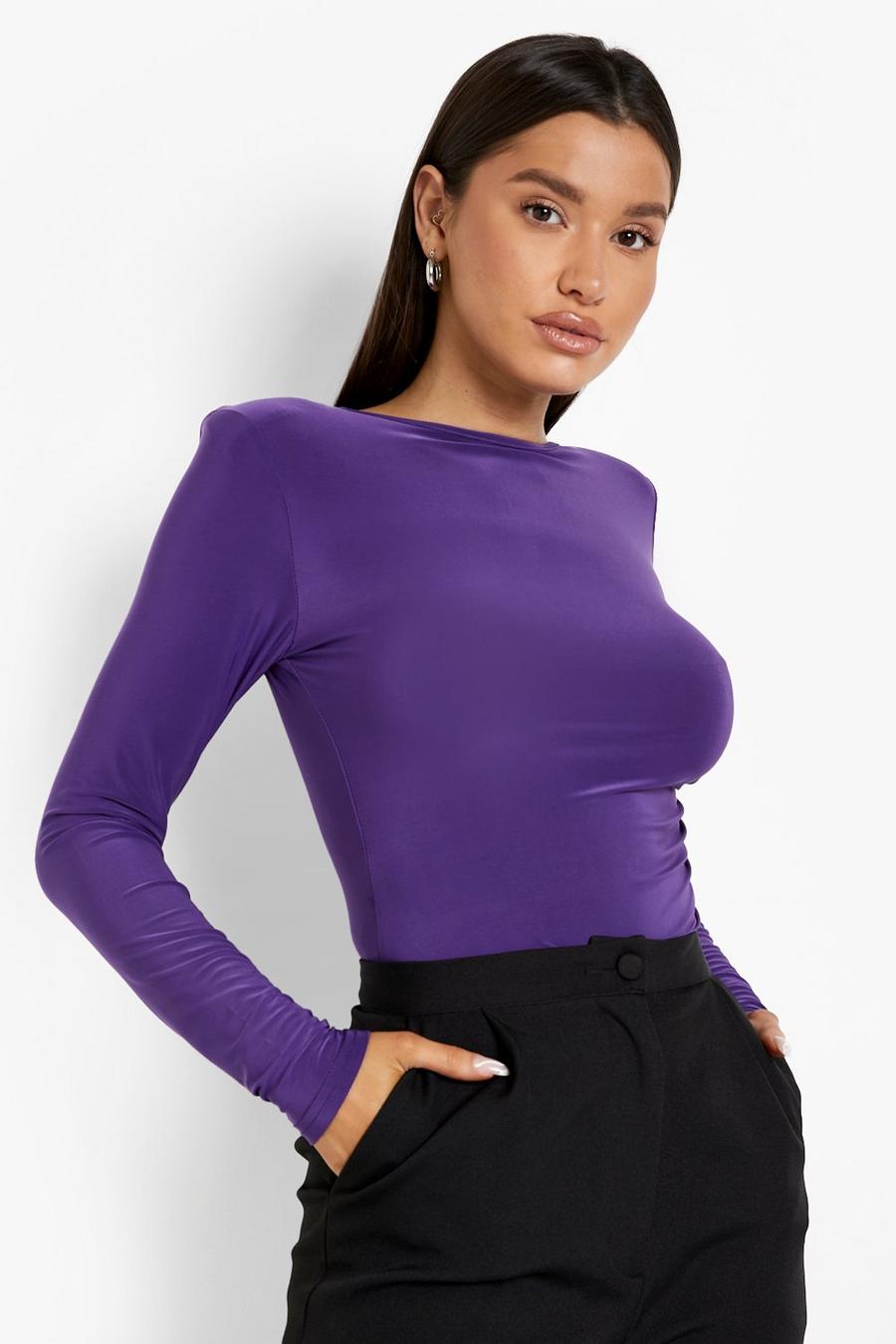Jewel purple violet Geplooide Bodysuit Met Schouderpads En Lange Mouwen image number 1