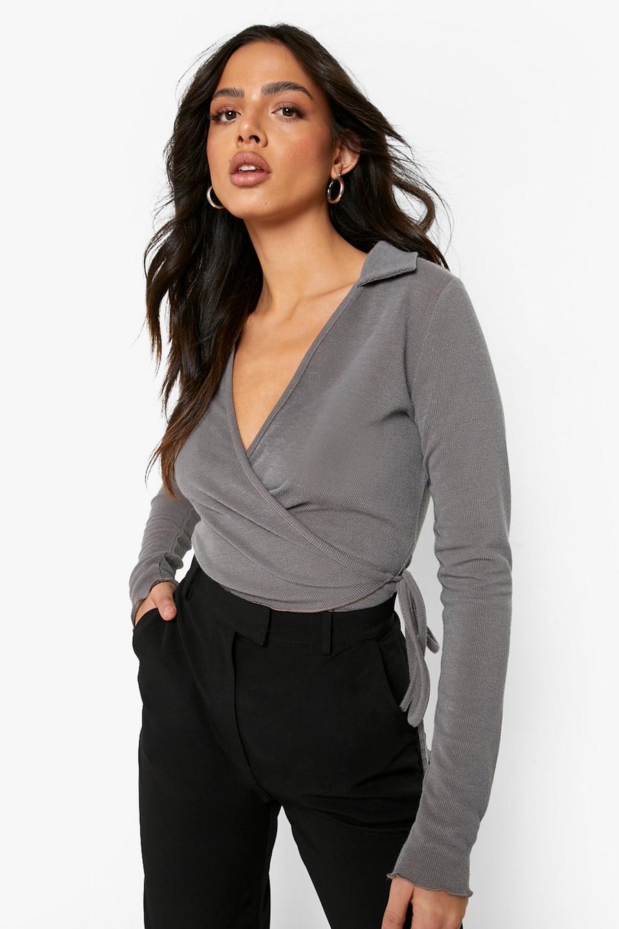 Charcoal Ribbed Collar Detail Wrap Long Sleeve image number 1