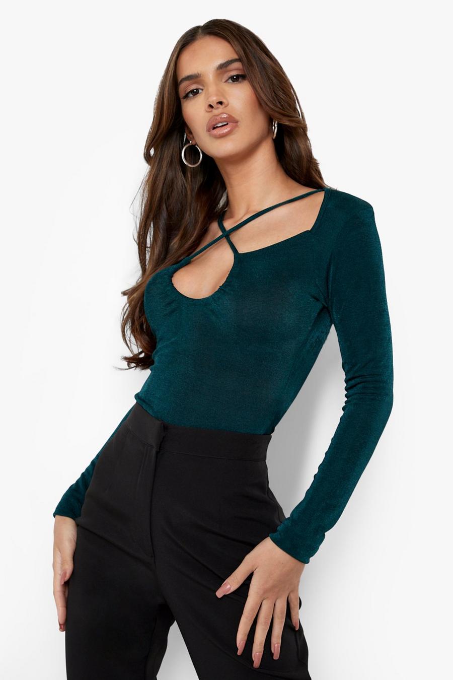Bottle green Acetate Slinky Cut Out Bodysuit image number 1