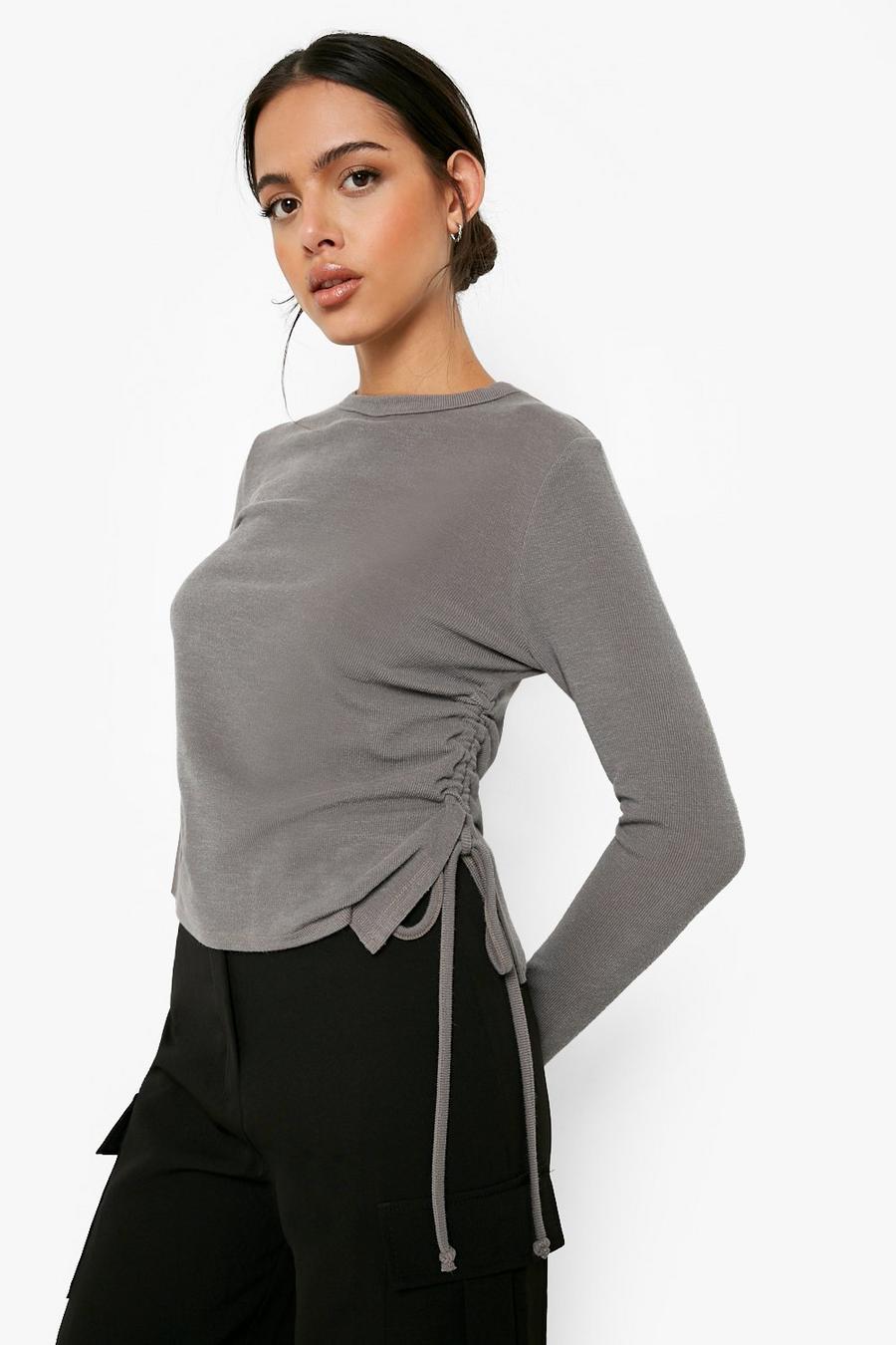 Charcoal gris Ribbed Ruched Detail Long Sleeve Top image number 1