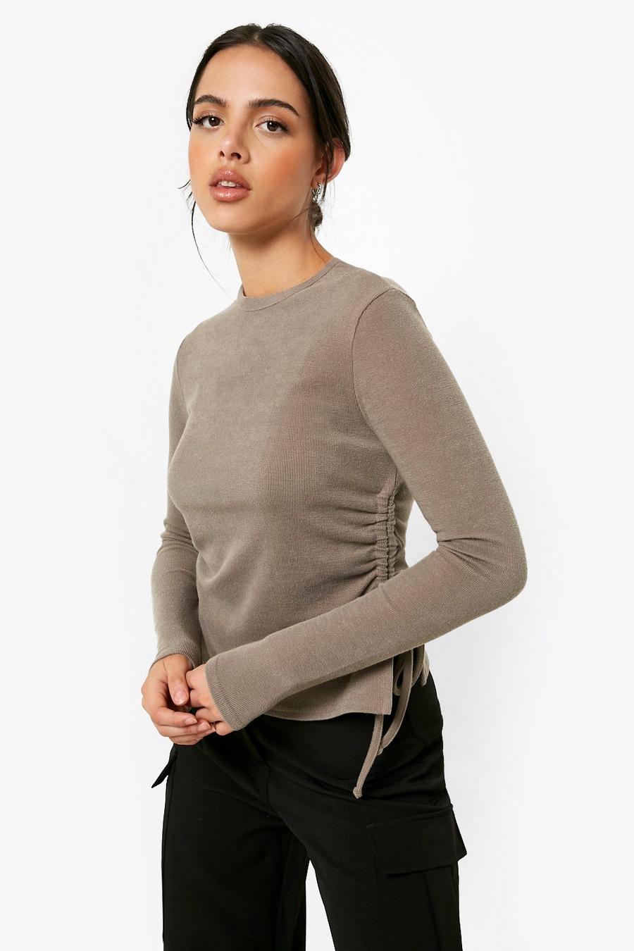 Chocolate marron Ribbed Ruched Detail Long Sleeve Top image number 1