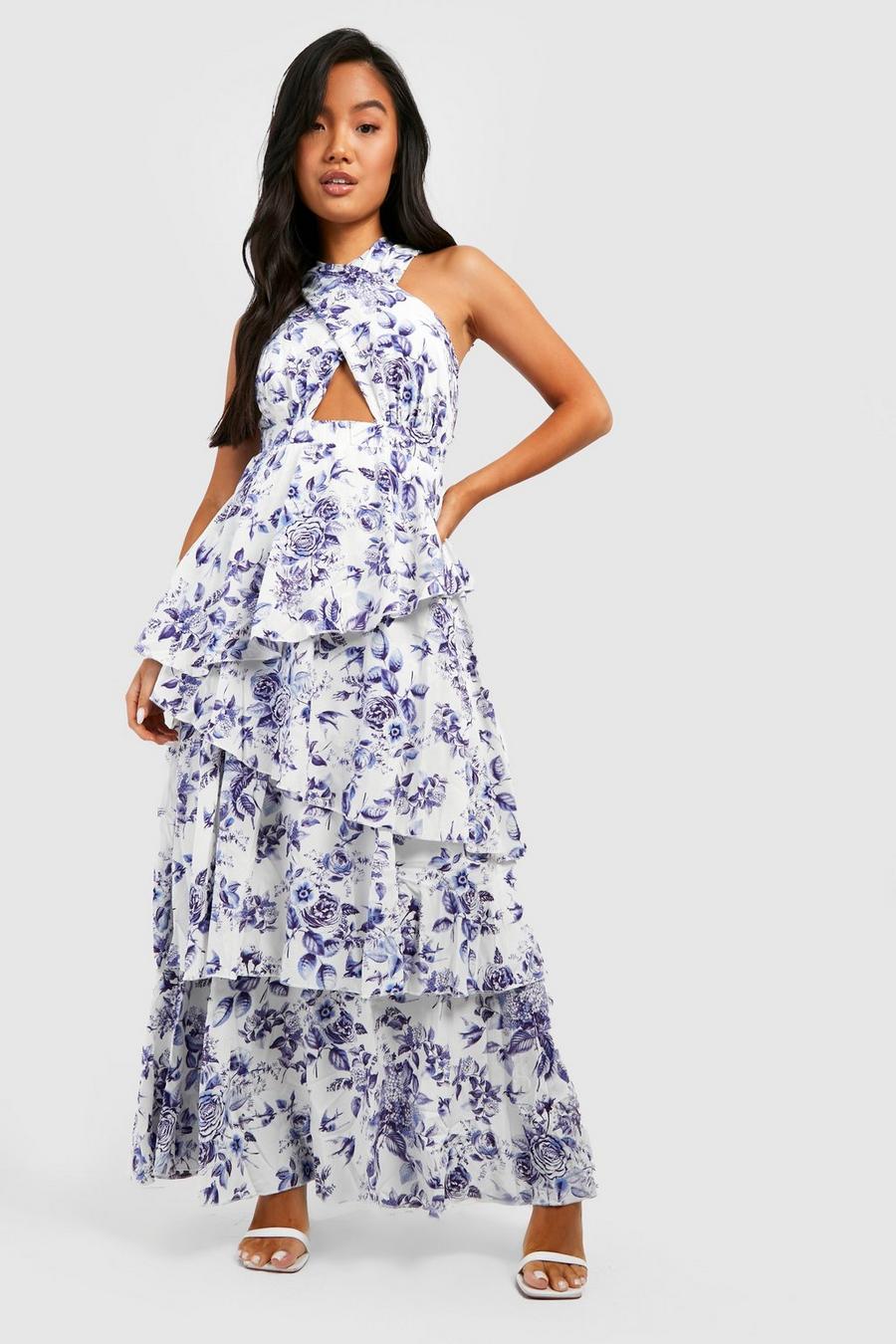 Blue Printed Tiered Long Dress
