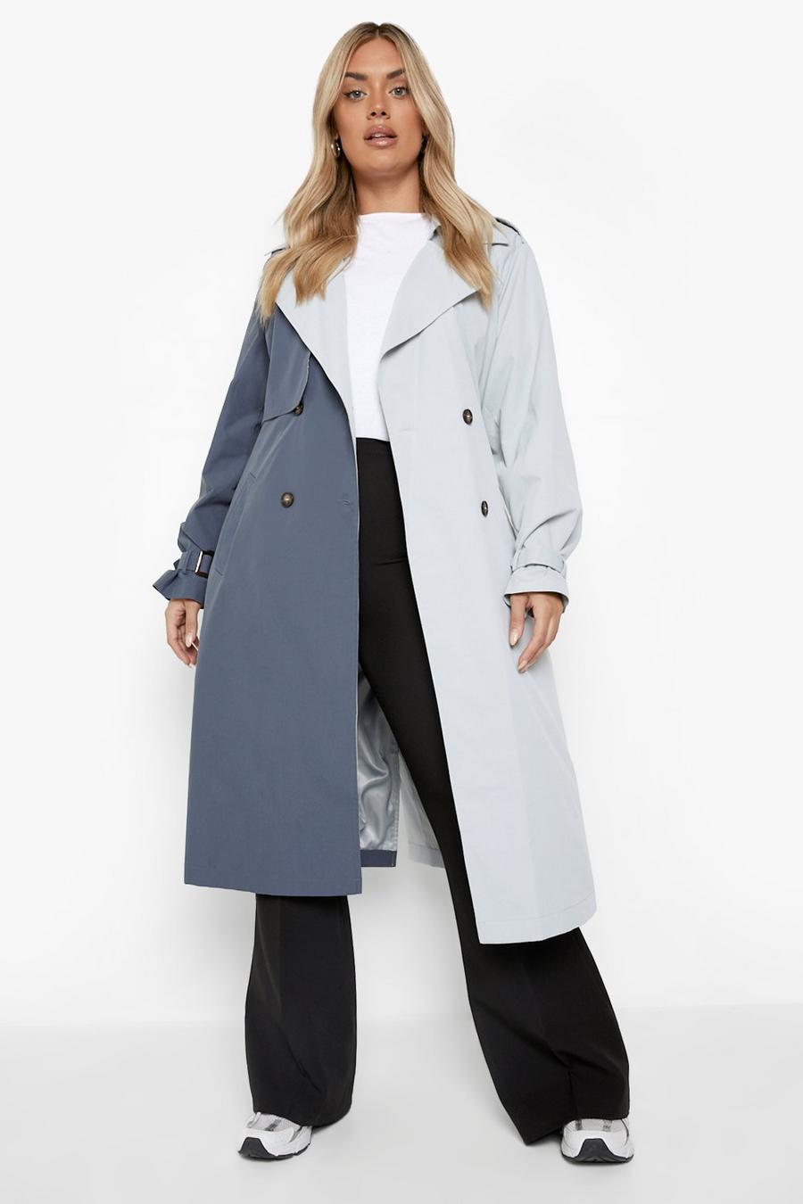 Blue azzurro Plus Colour Block Belted Trench Coat