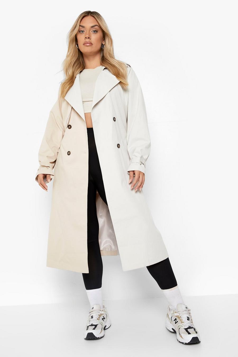 Stone beige Plus Colour Block Belted Trench Coat