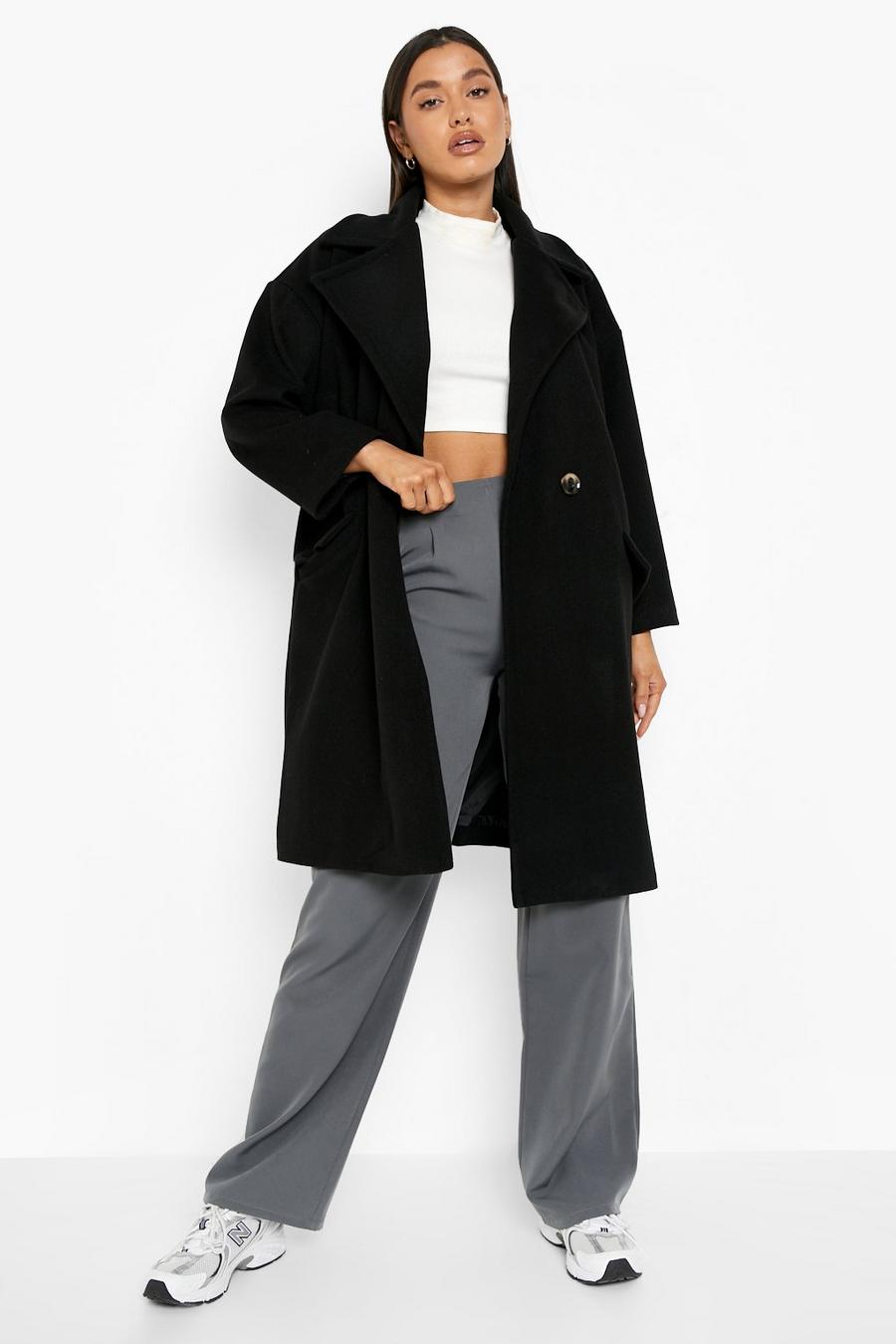 Black Oversized Pocket Detail Wool Look Coat image number 1