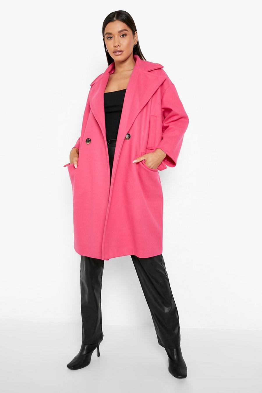 Hot pink Oversized Pocket Detail Wool Look Coat