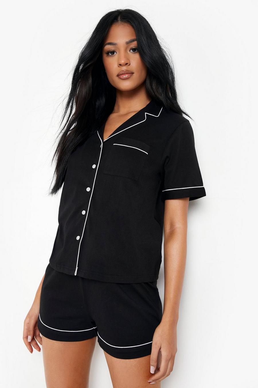 Tall kurzärmliger Jersey-Pyjama mit Knopfleiste, Black noir
