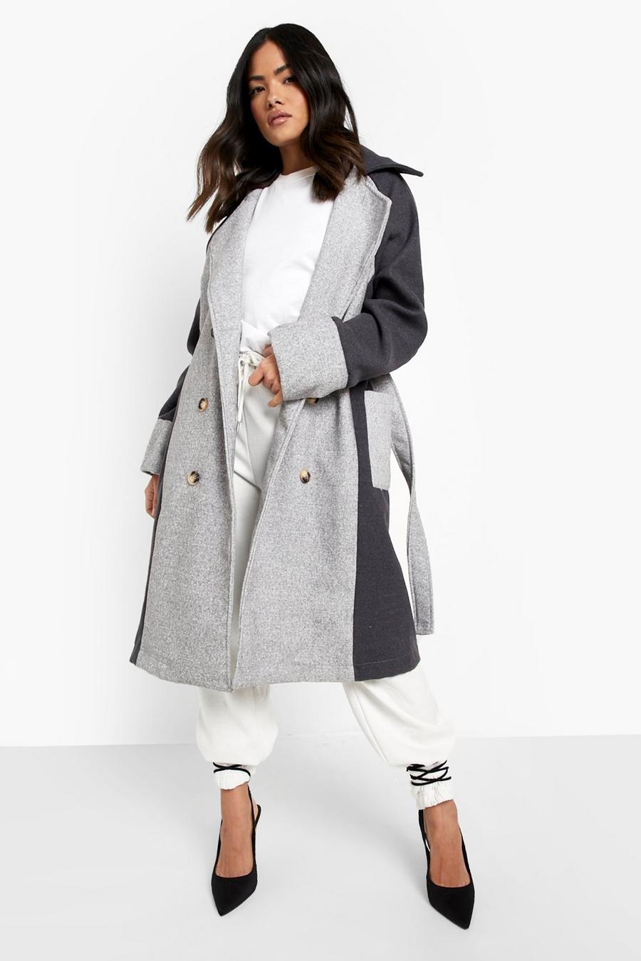 Grey Contrast Panel Belted Wool Look Coat