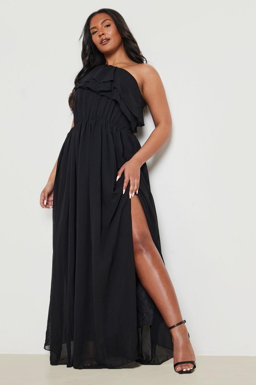שחור black שמלת מקסי לאירועים One Shoulder עם שסע מידות גדולות