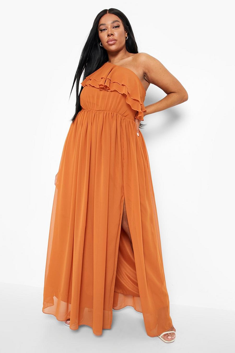 Rust orange Plus Occasion One Shoulder Split Maxi Dress