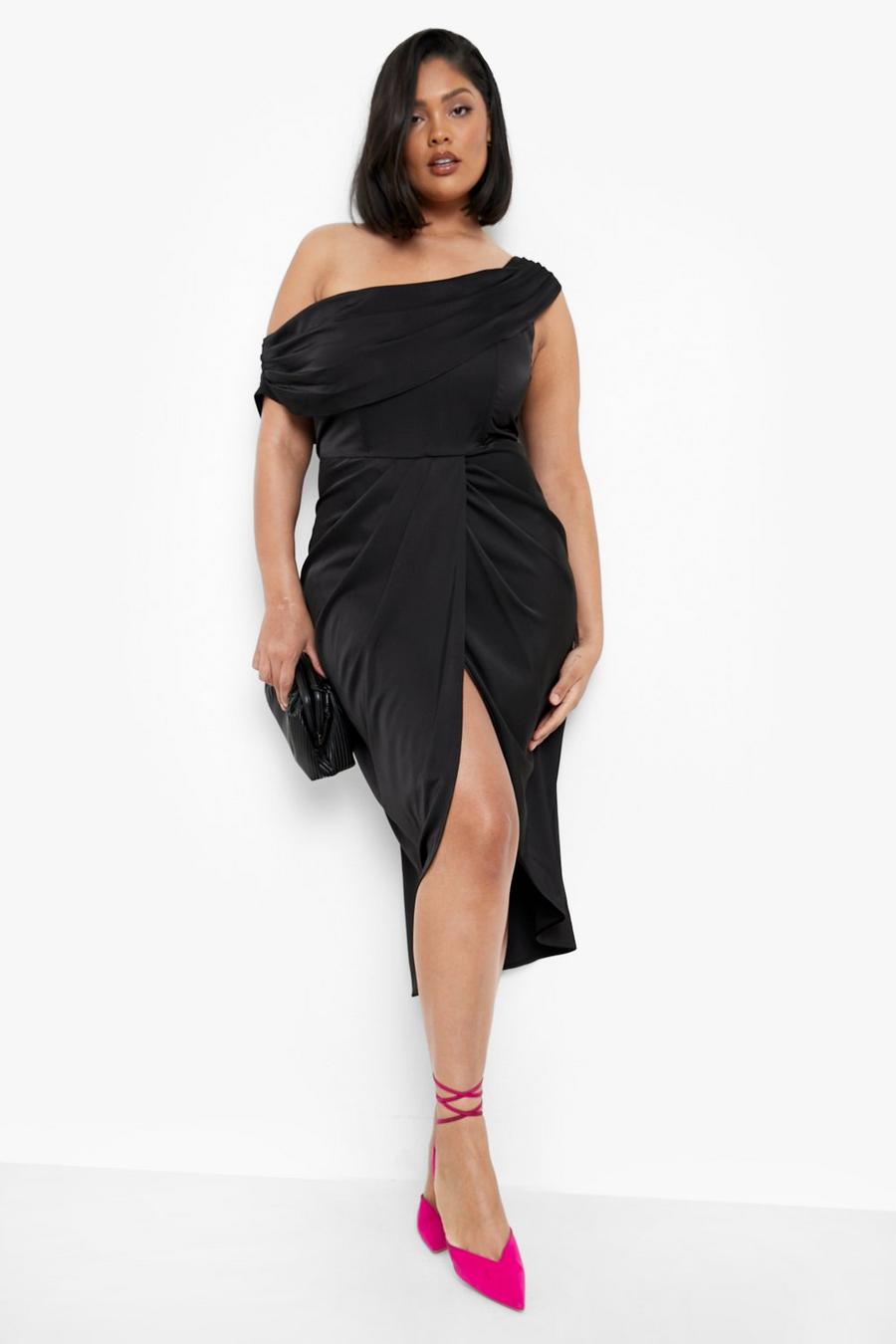 Black Plus Knälång one shoulder-klänning i satin med korsettliv image number 1
