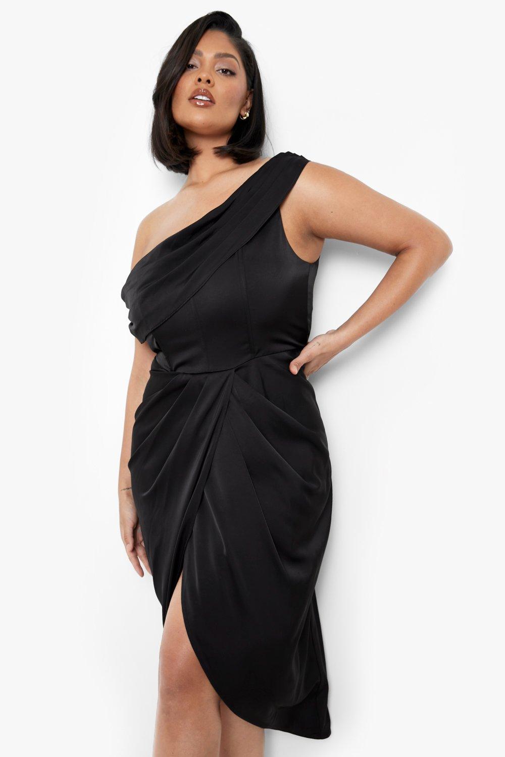 Plus Satin Corset One Shoulder Wrap Midi Dress boohoo