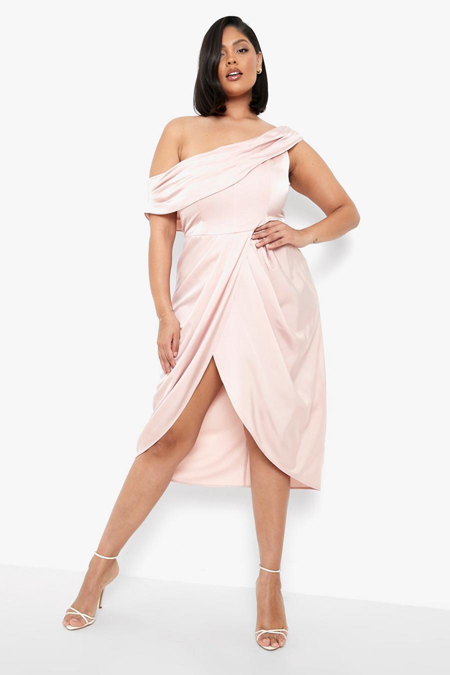 Blush rosa Plus Satin Corset One Shoulder Wrap Midi Dress image number 1