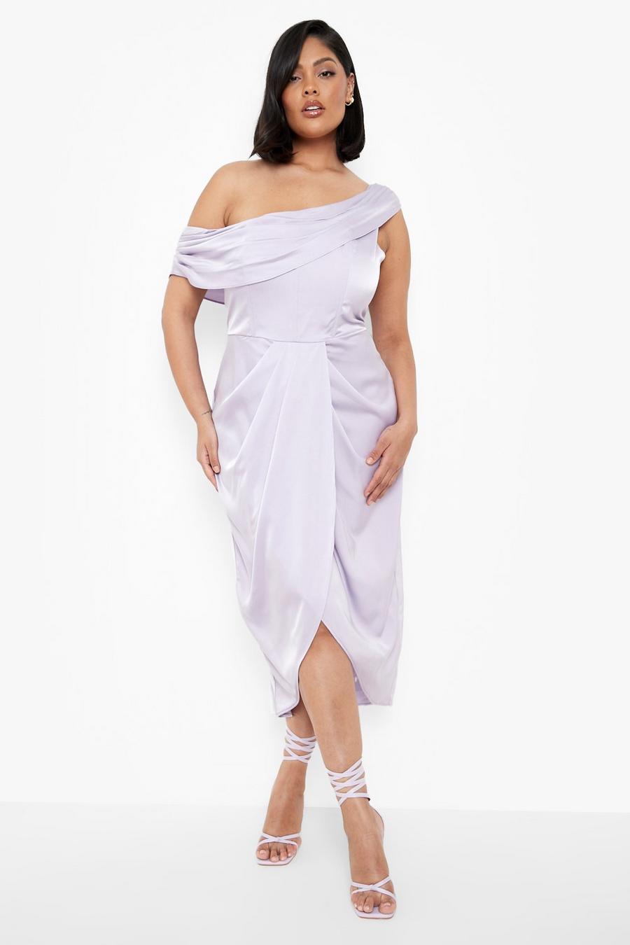 Lilac Plus - Knälång one shoulder-klänning i satin med korsettliv