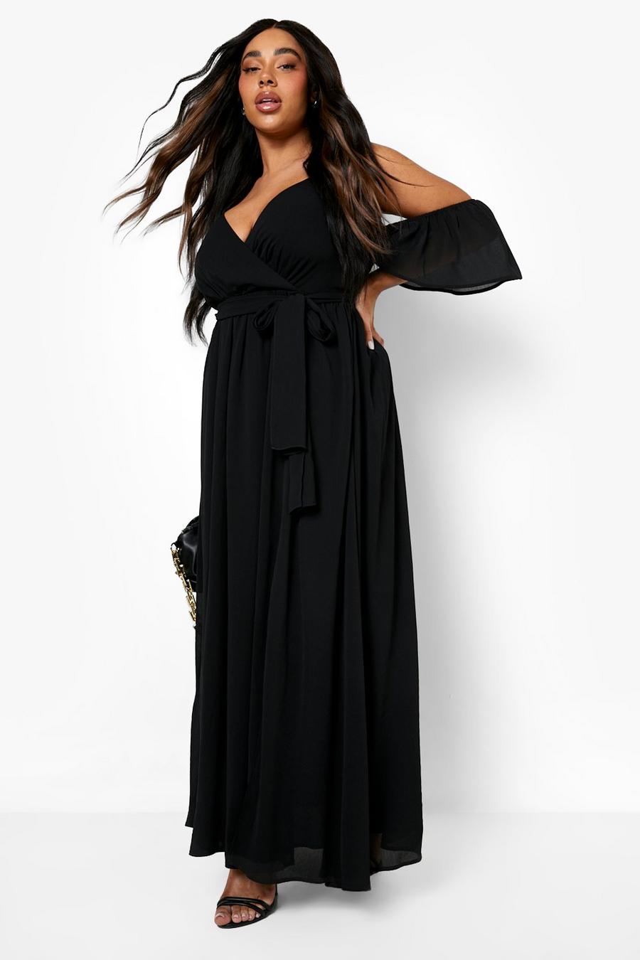 Black חצאית מקסי חגיגית משיפון עם כתף קרה, מידות גדולות image number 1