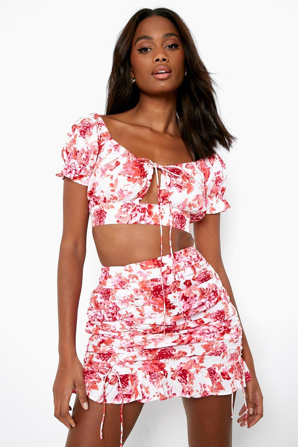 Floral Puff Sleeve Crop Ruched Mini Skirt boohoo NZ