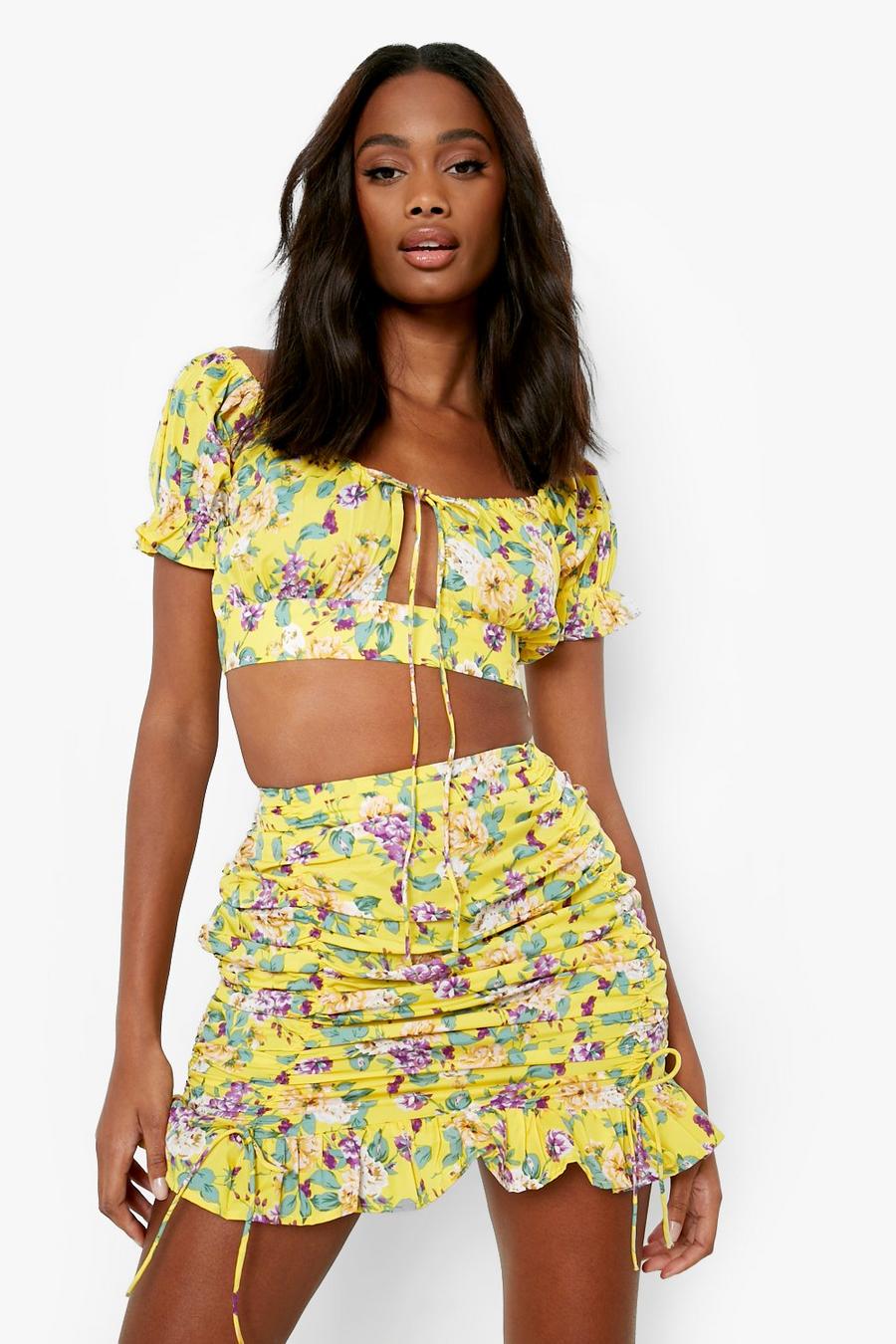 Yellow Floral Puff Sleeve Crop & Ruched Mini Skirt image number 1