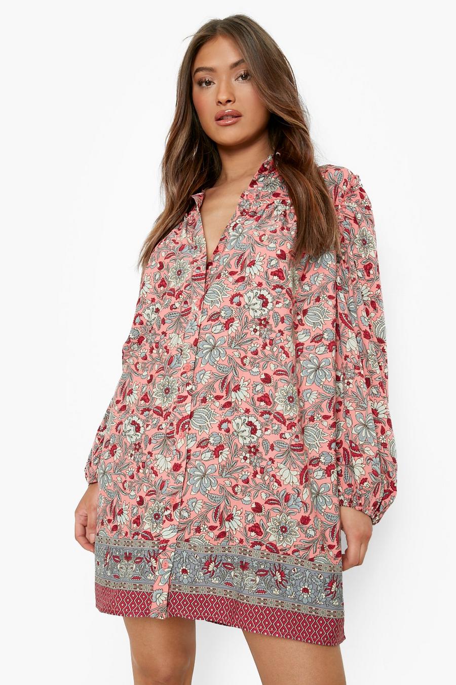 Pink Floral Paisley Puff Sleeve Shirt Dress image number 1