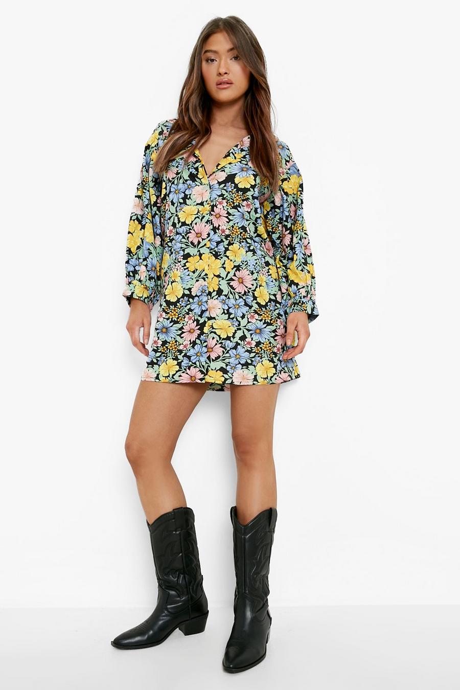 Black Floral Puff Sleeve Shirt Dress image number 1