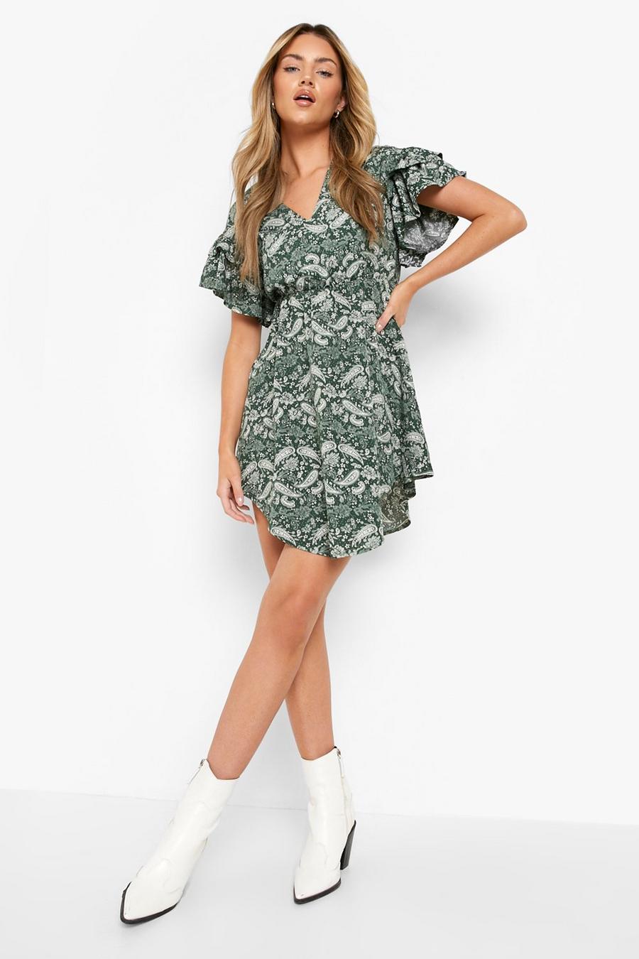 Green Paisley Plunge Frill Sleeve Shift Dress image number 1