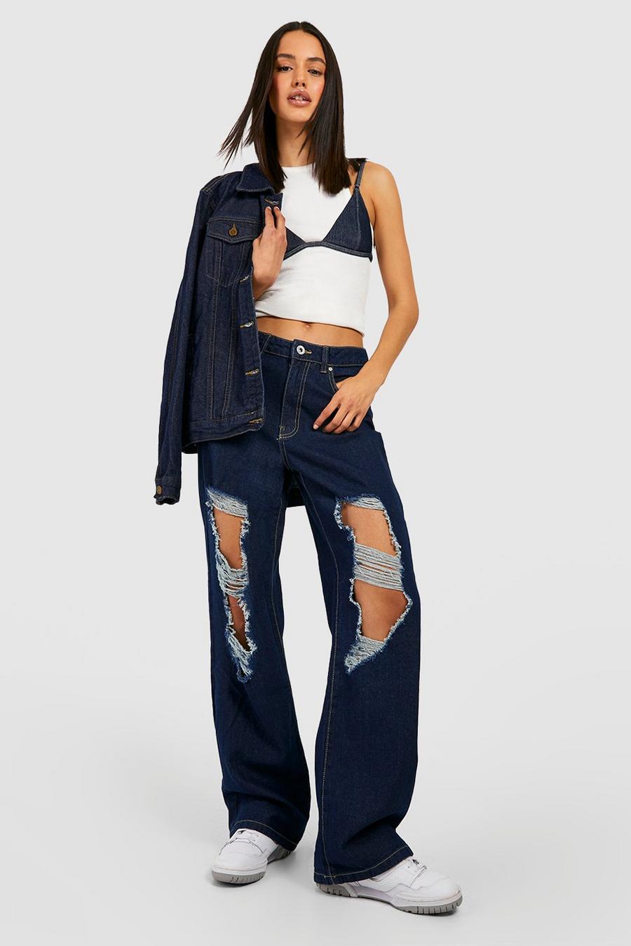 Jeans Basics a vita bassa in taglio maschile con spacco e strappi, Indigo image number 1