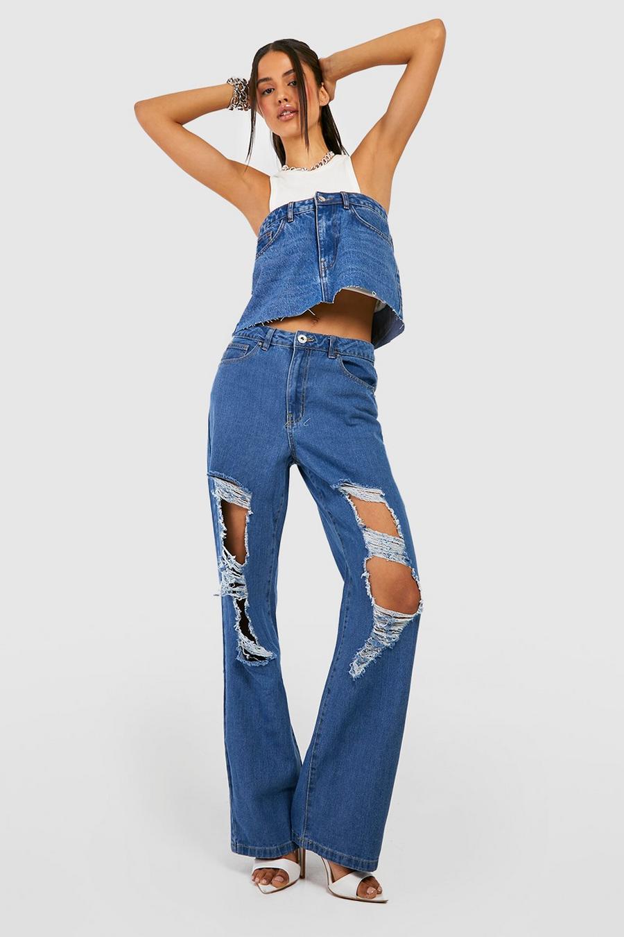 Mid blue Basics Mid Rise Ripped Boyfriend Jeans image number 1