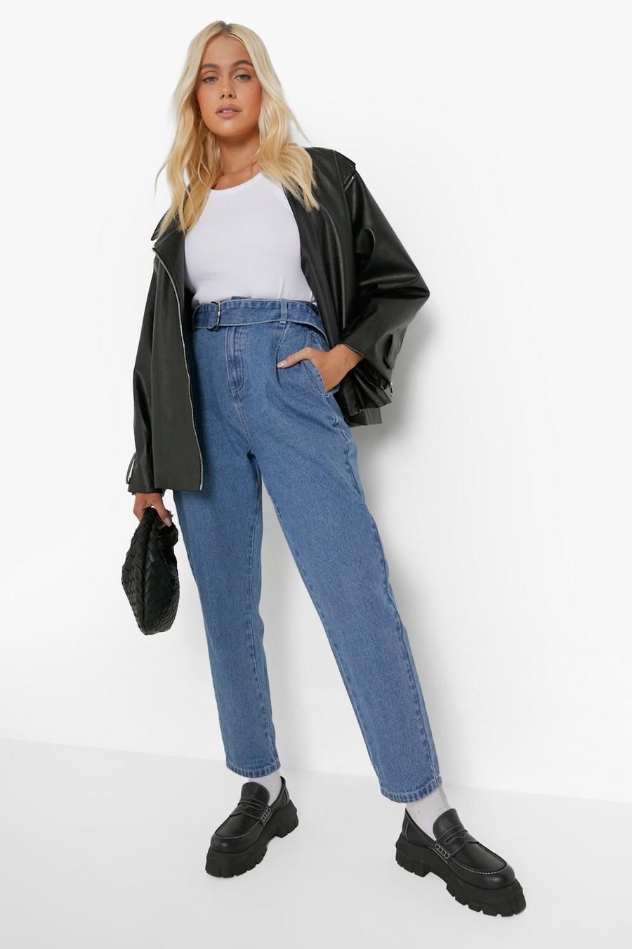 Mid wash blue Belted High Waist Mom Jeans