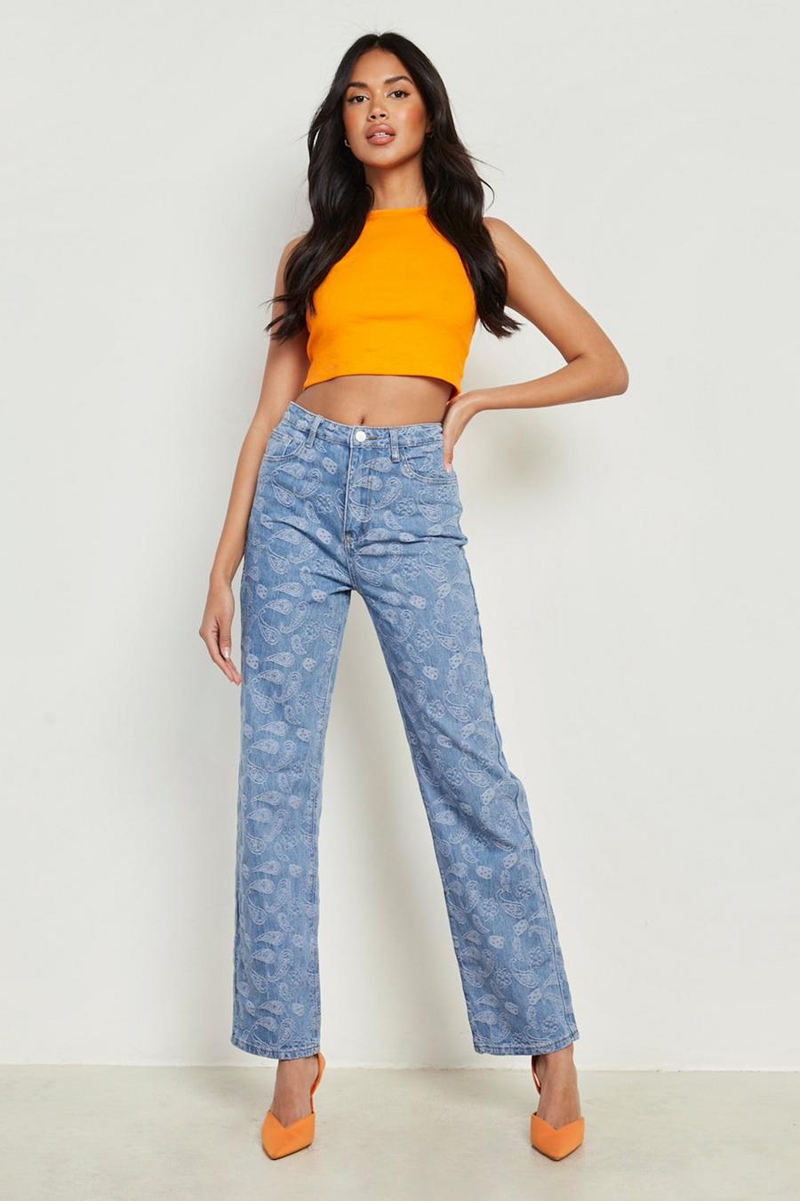 Mid blue High Waisted Jacquard Boyfriend Jeans image number 1